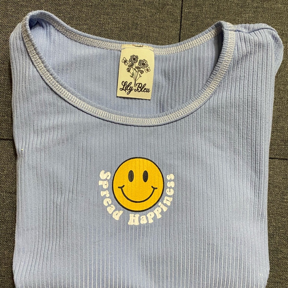 Lily Bleu Light Blue Ribbed Tee with Smiley Graphic
